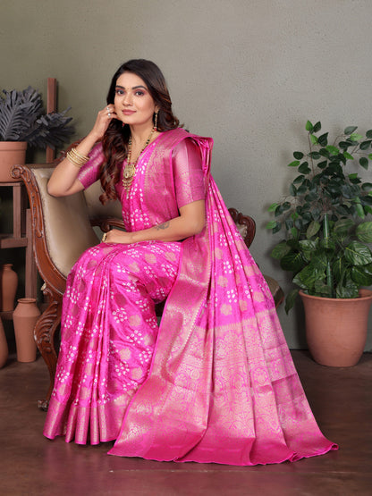 Baby Pink Bandhej Silk Saree With Zari Weaving Work | Wedding & Festive Wear – JaipurSaaj