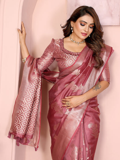 Dusty Pink Organza Silk Banarasi Saree With Zari Weaving Work | Wedding & Festive Wear – JaipurSaaj