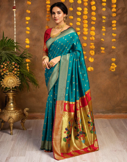 Traditional Firoji Chand Design Paithani Silk Saree With Zari Weaving Work