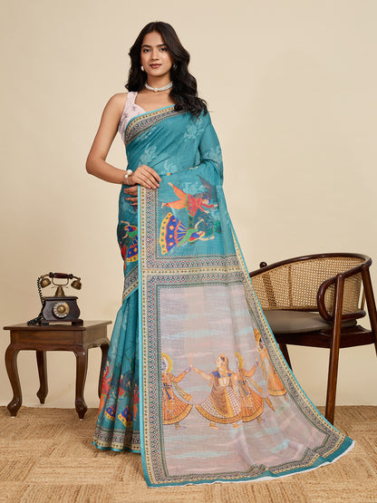 Rama Green Linen Cotton Saree With Digital Printed Work And Silver Zari Border | Lightweight Festive & Party Wear – JaipurSaaj