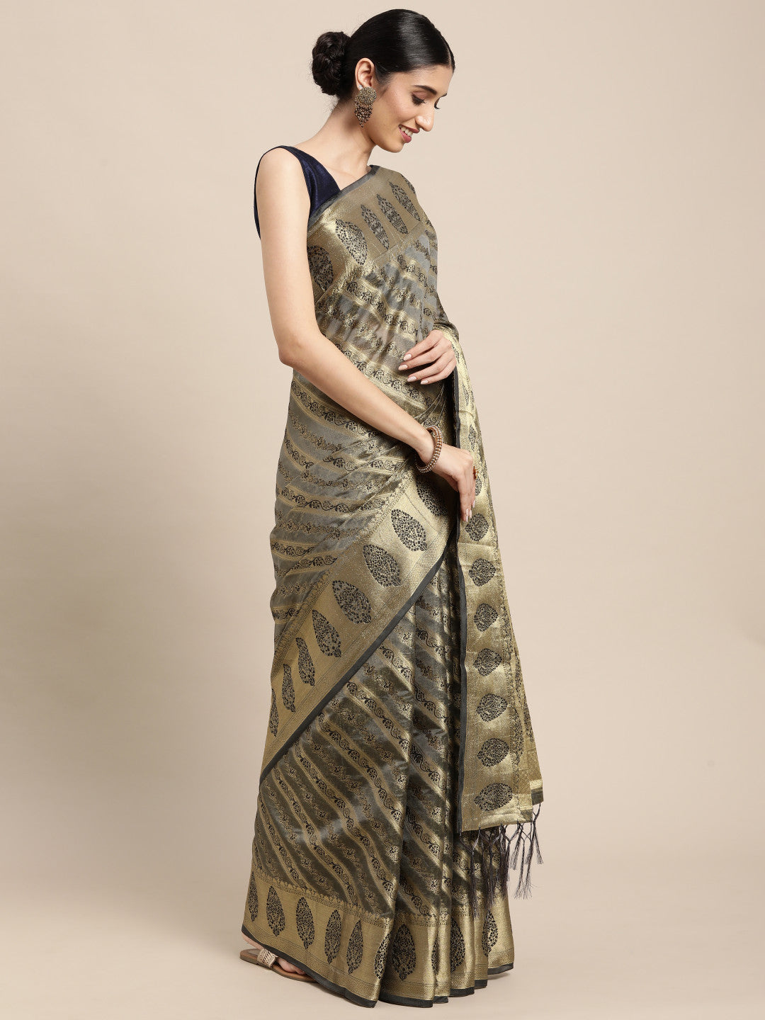 Gray Organza Silk Saree With Zari Weaving Work