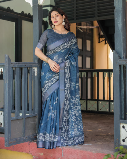 Blue Soft Linen Cotton Saree With Digital Printed Work
