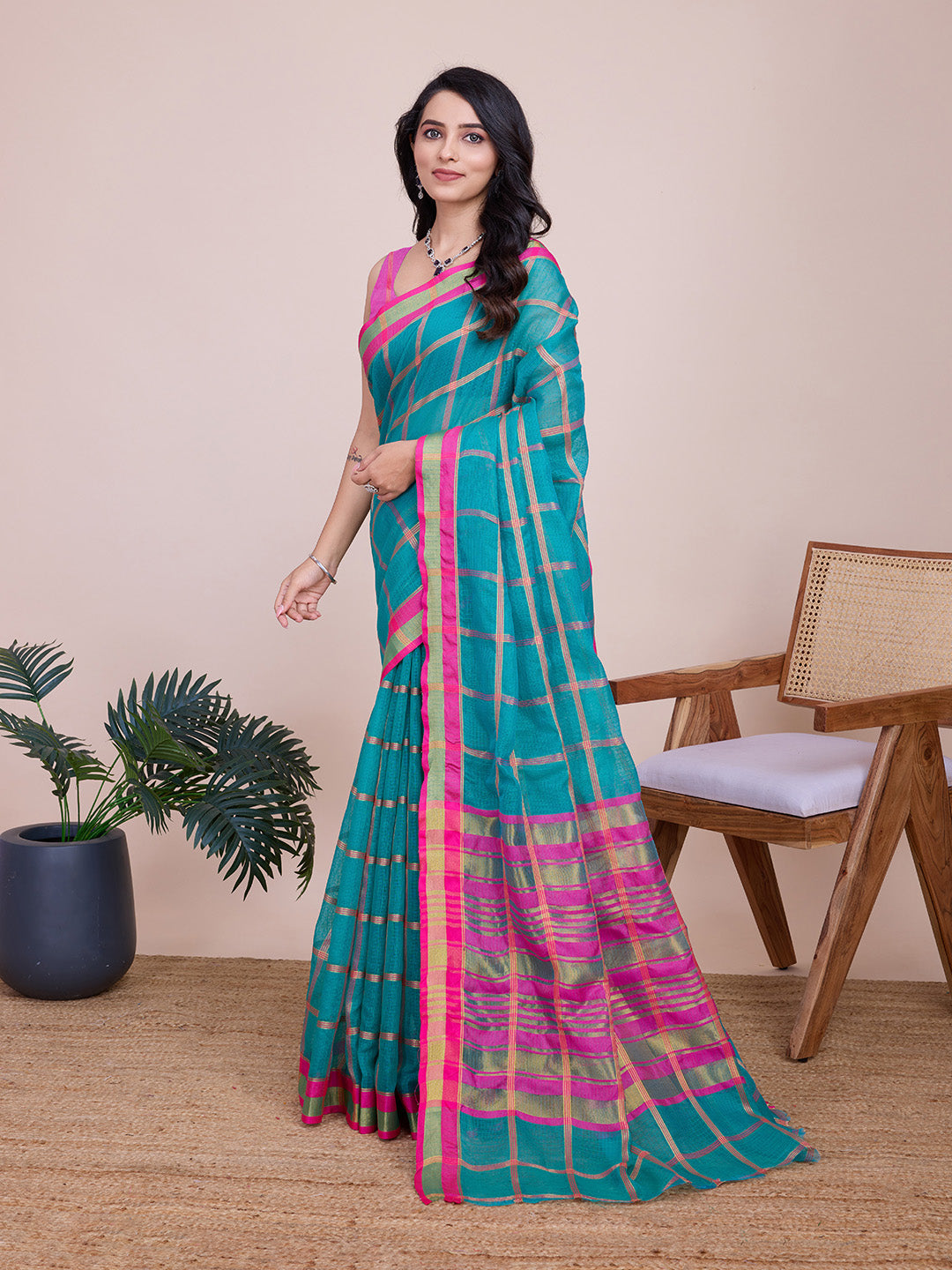 Sea Green Kota Doriya Saree With Zari Weaving Work