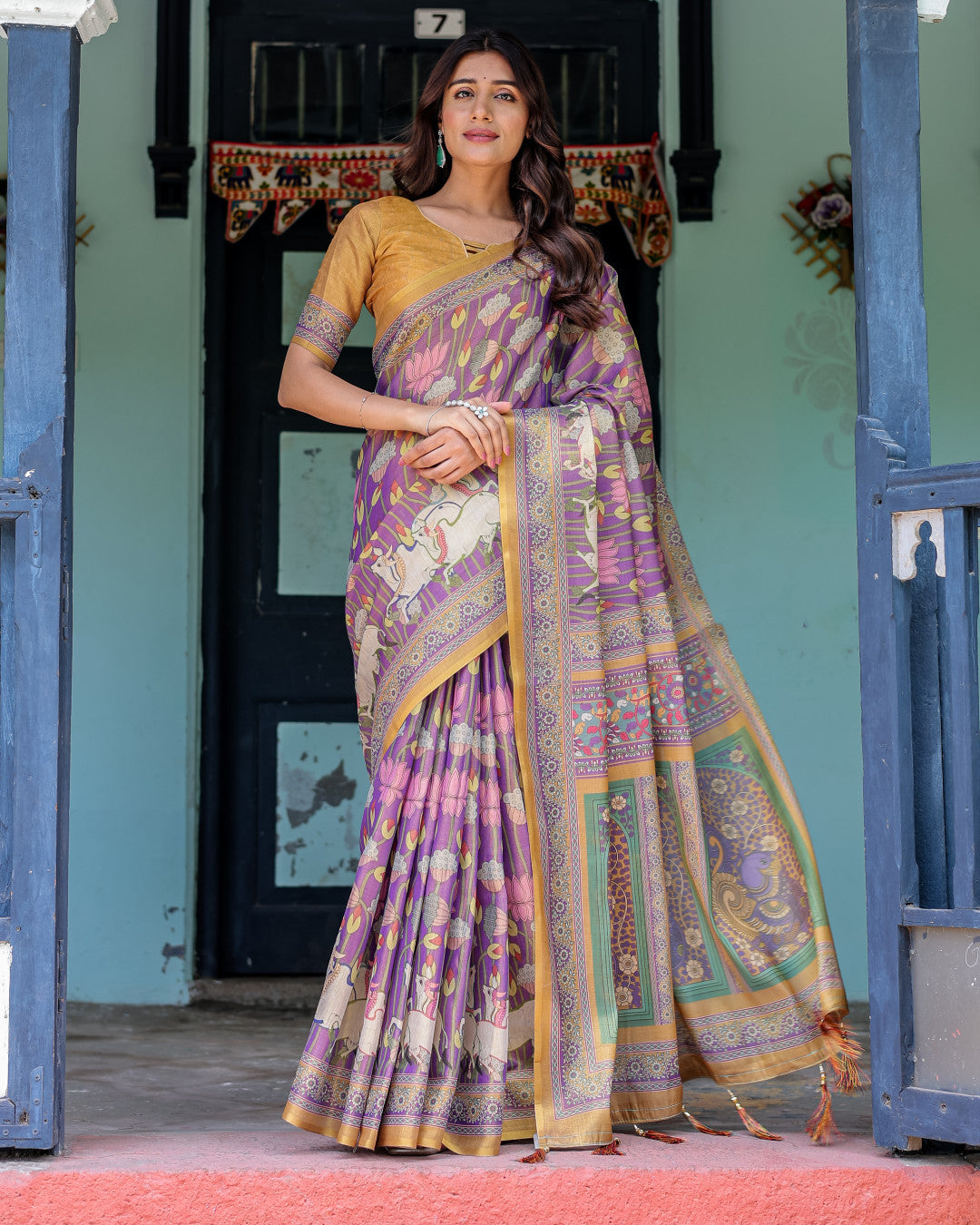 Multi Color Kalamkari Digital Printed Linen Cotton Saree | Summer Casual & Ethnic Wear – JaipurSaaj