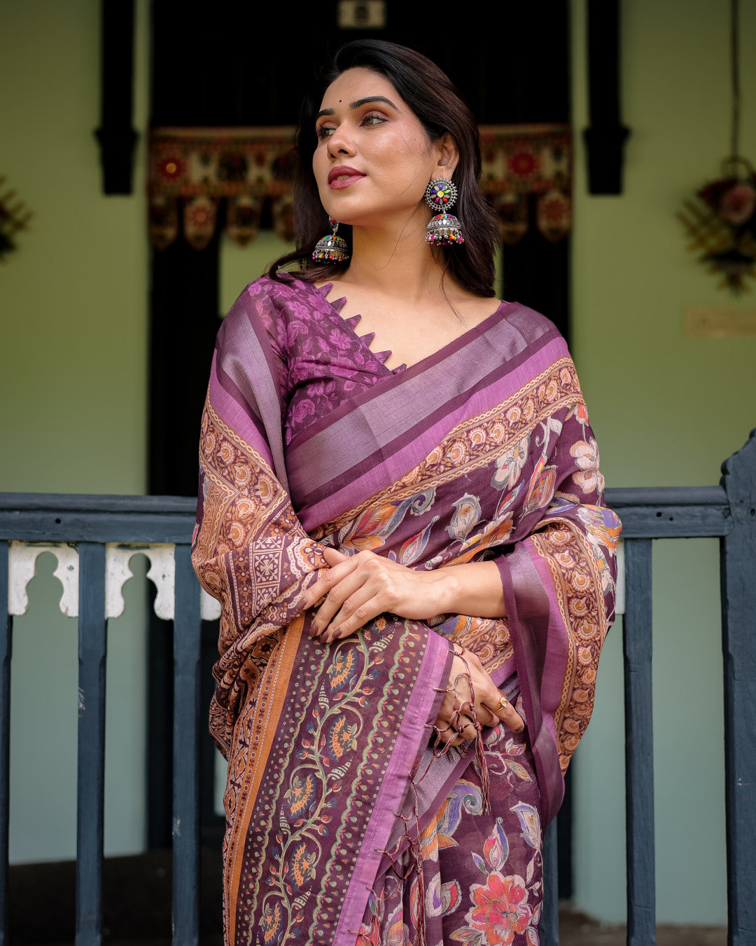 Magenta Summer Special Digital Printed Linen Cotton Saree
