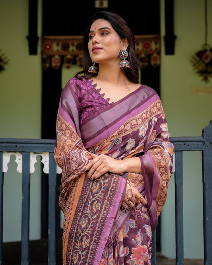 Magenta Summer Special Digital Printed Linen Cotton Saree