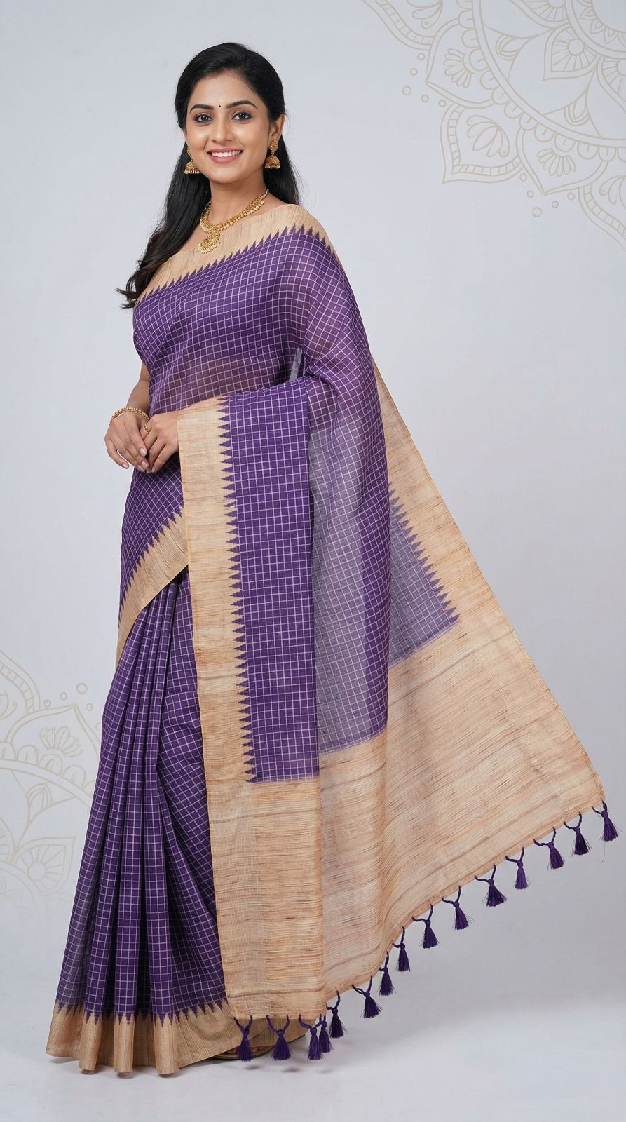 Purple Tussar Silk Saree With Checks Weaving Work | Office & Festive Wear – JaipurSaaj