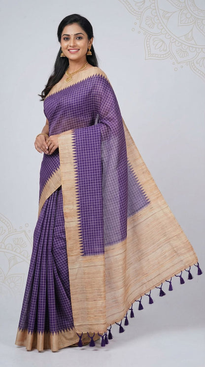 Purple Tussar Silk Saree With Checks Weaving Work | Office & Festive Wear – JaipurSaaj