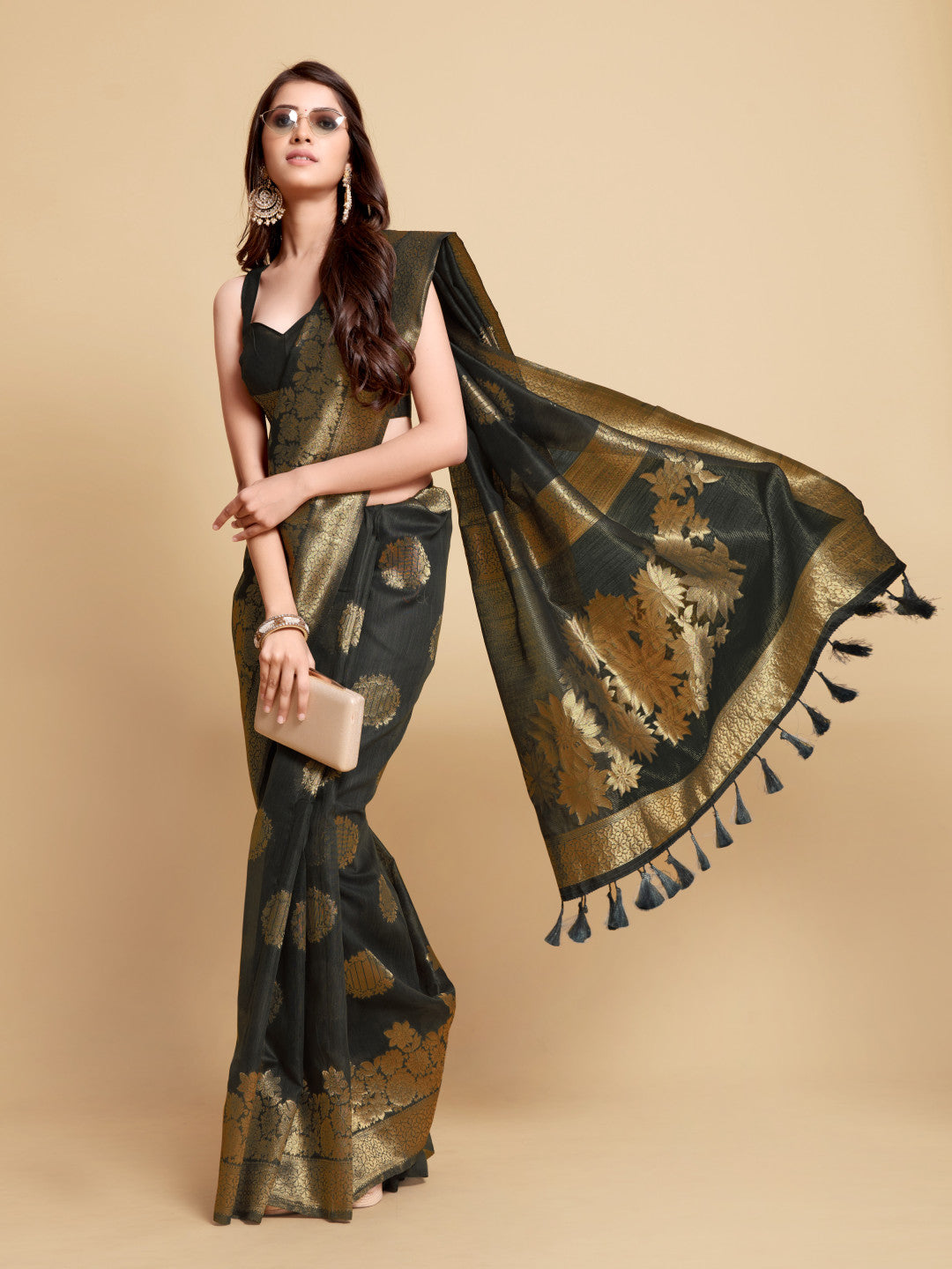 Black Soft Linen Silk Saree With Zari Weaving Work | Traditional Wedding & Festive Wear – JaipurSaaj