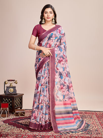 Multi Soft Linen Cotton Saree With Floral Printed Work