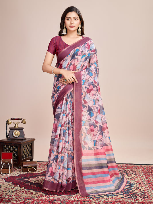 Multi Soft Linen Cotton Saree With Floral Printed Work