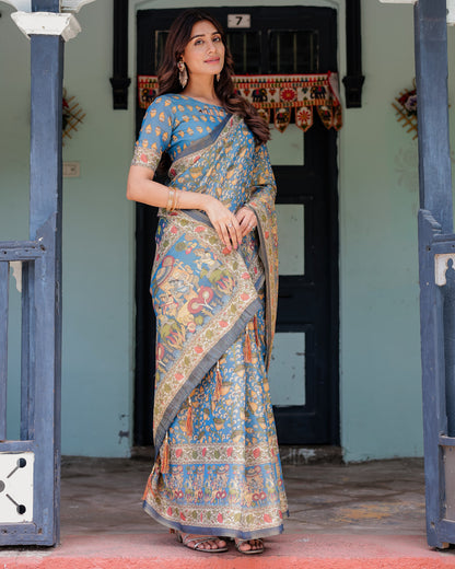 Multi Color Kalamkari Digital Printed Linen Cotton Saree | Summer Casual & Ethnic Wear – JaipurSaaj