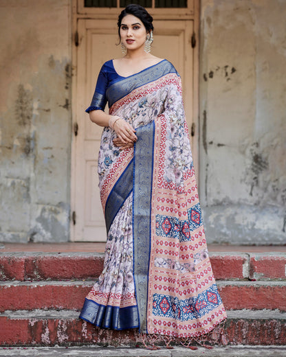 Multi Color Digital Printed Tussar Silk Saree With Zari Motif Border | Traditional Festive Ethnic Wear – JaipurSaaj