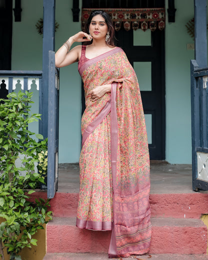 Beige Floral Digital Printed Linen Cotton Saree