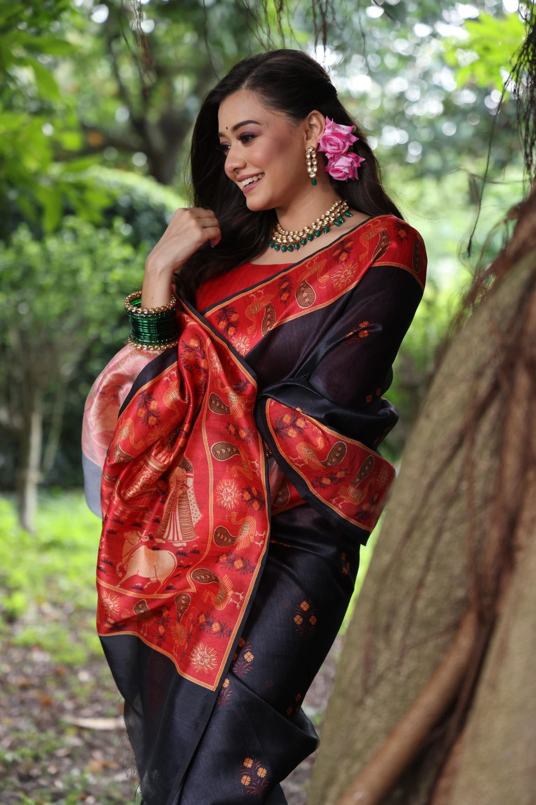 Black Peacock Printed Tussar Silk Saree | Traditional Festive Ethnic Wear – JaipurSaaj