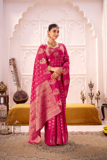Pink Soft Roop Silk Saree With Printed Work & Zari Weaving Border | Traditional Festive Wear – JaipurSaaj