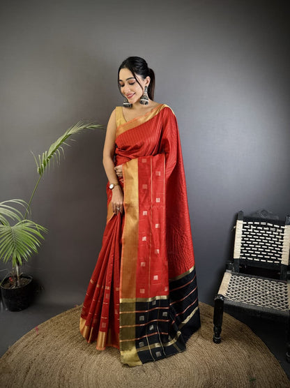Red Soft Cotton Silk Saree With Zari Weaving Work