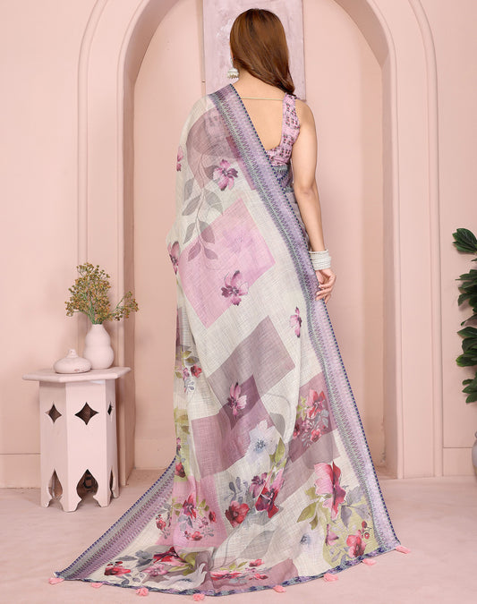 Multi Linen Cotton Saree With Digital Printed Work And Silver Zari Border