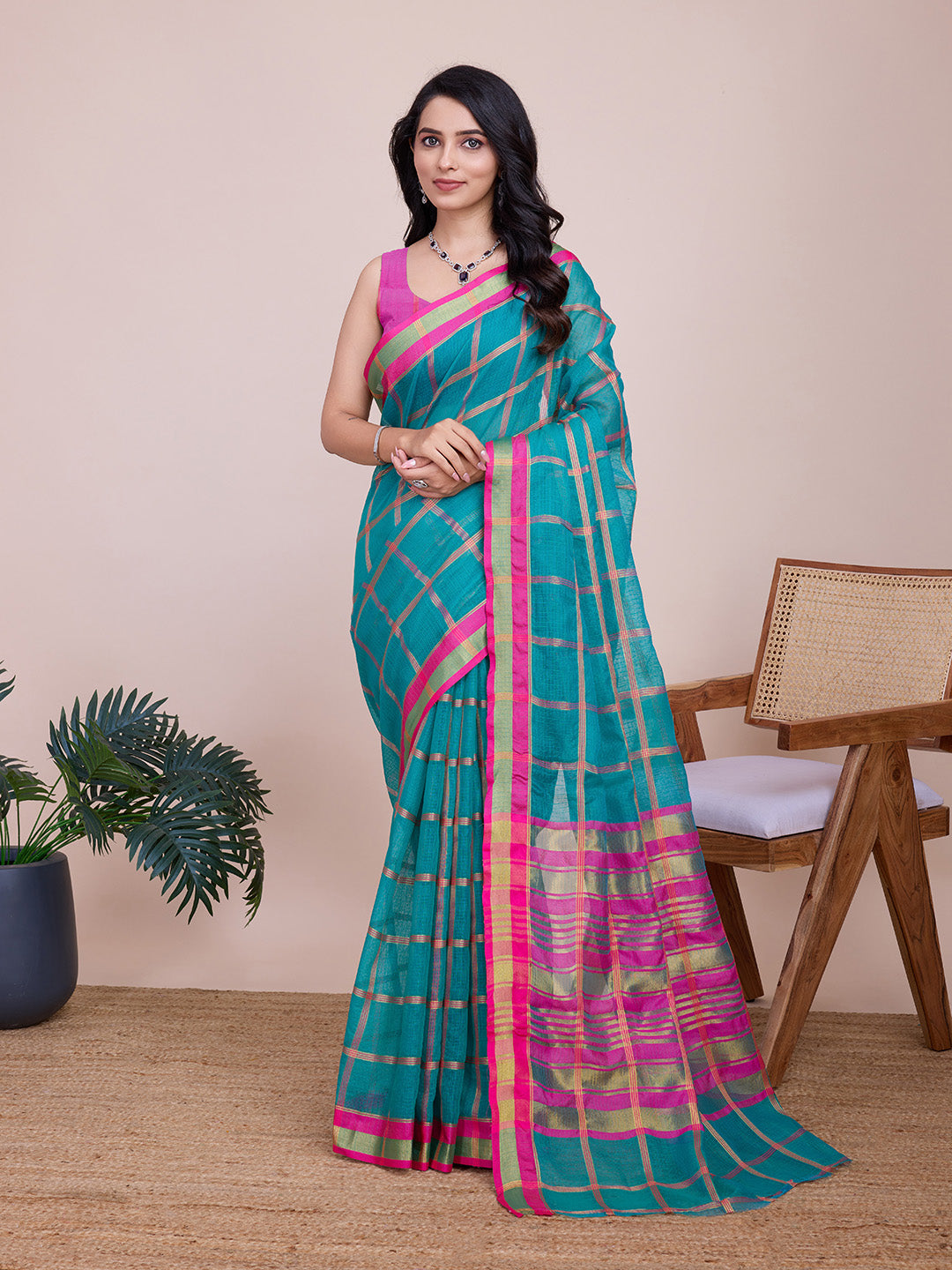 Sea Green Kota Doriya Saree With Zari Weaving Work