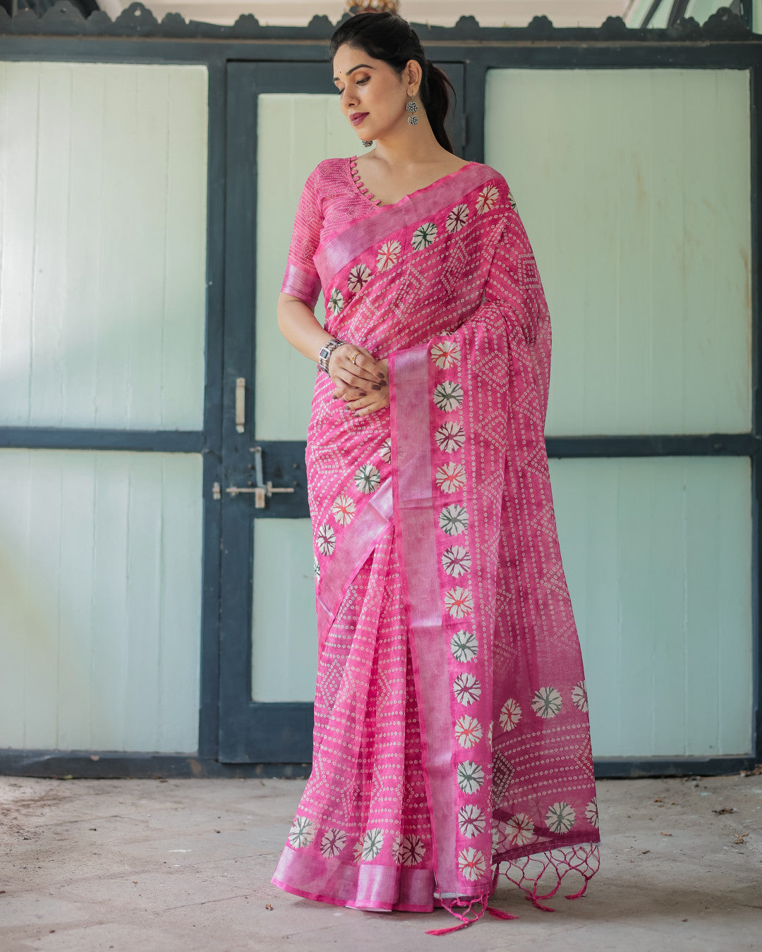 Baby Pink Soft Linen Cotton Saree With Digital Printed Work