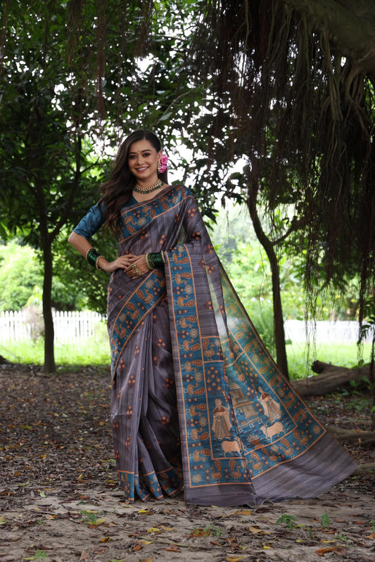 Purple Peacock Printed Tussar Silk Saree | Traditional Festive Ethnic Wear – JaipurSaaj