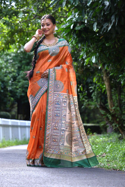 Orange Madhubani Printed Soft Tussar Silk Saree | Traditional Festive Ethnic Wear – JaipurSaaj