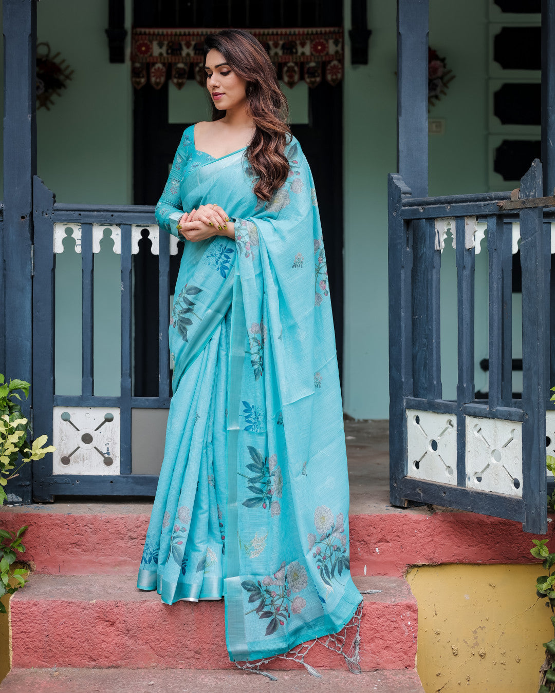 Sky Blue Floral Digital Printed Linen Cotton Saree | Office & Casual Ethnic Wear – JaipurSaaj
