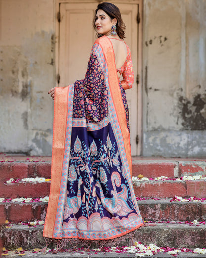 Multi Kalamakari Floral Printed Tussar Silk Saree With Zari Motif Border | Festive Ethnic Wear – JaipurSaaj