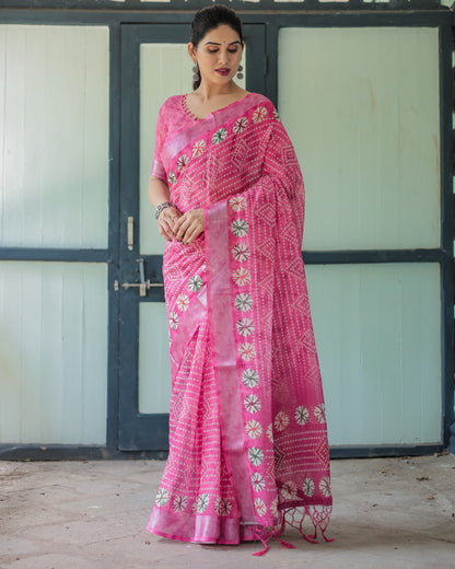 Baby Pink Soft Linen Cotton Saree With Digital Printed Work