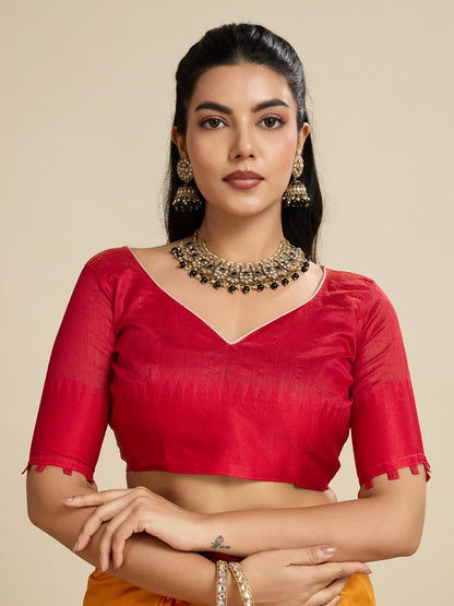 Orange Color Khadi Raw Silk Saree With Zari Lining Pallu With Tample Border