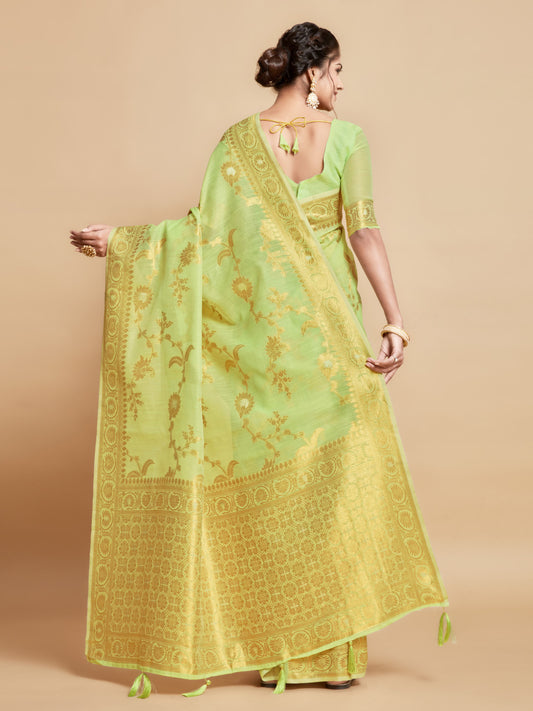 Pista Green Soft Linen Silk Saree With Zari Weaving Work