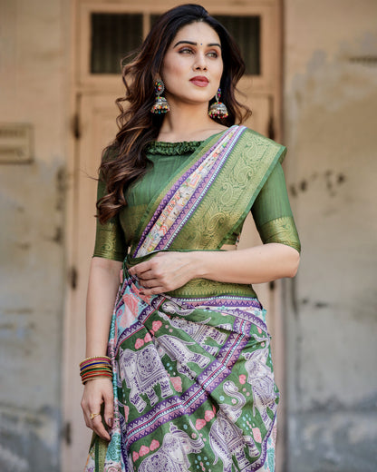 Multi Kalamakari Floral Printed Tussar Silk Saree With Zari Motif Border | Festive Ethnic Wear – JaipurSaaj