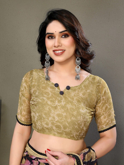 Beige Soft Chiffon Saree With Printed Work And Lace Border