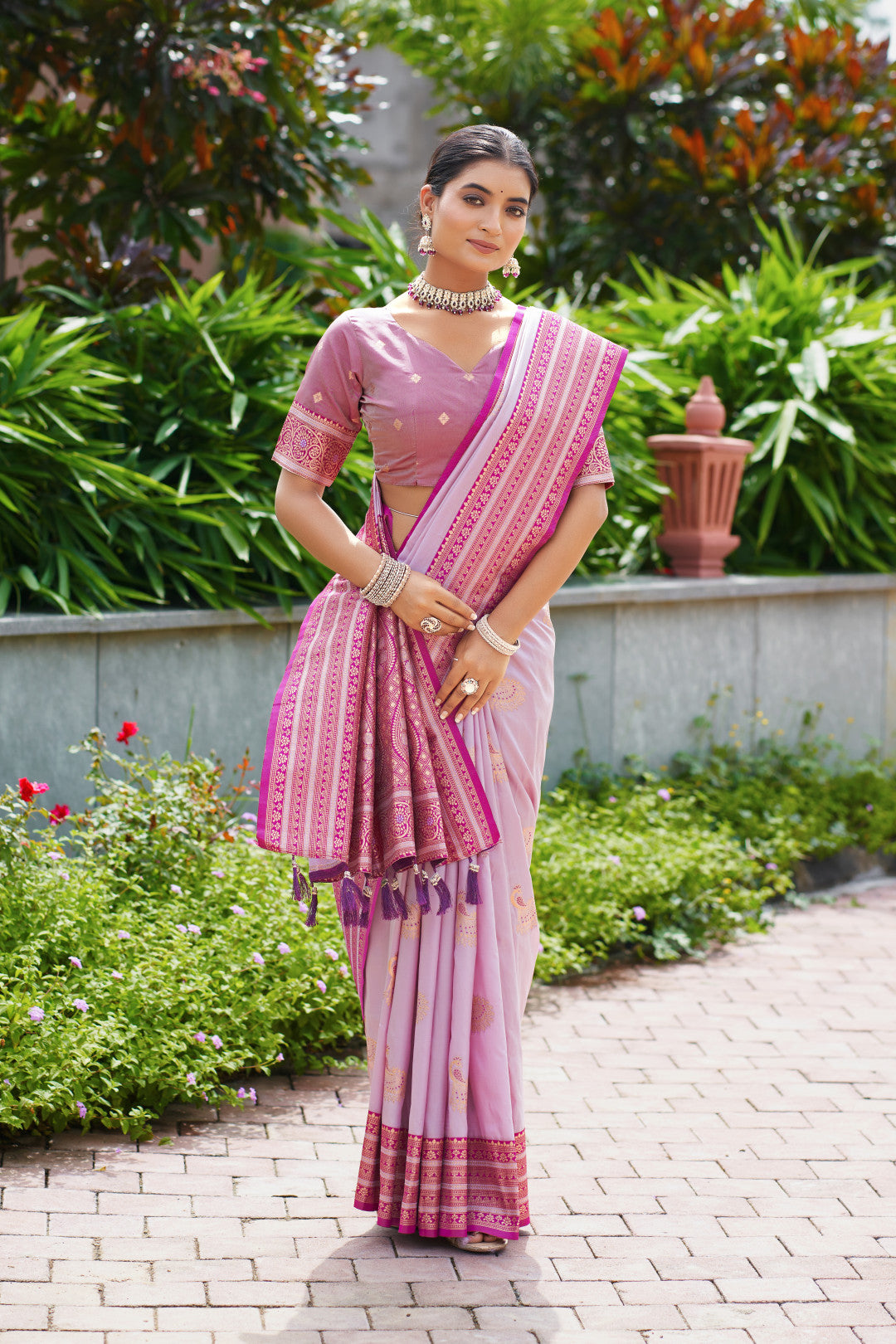 Full length view of lavender Banarasi silk saree with zari weaving work