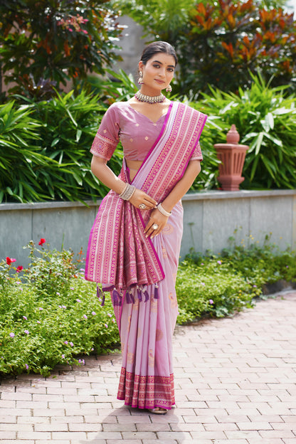 Full length view of lavender Banarasi silk saree with zari weaving work