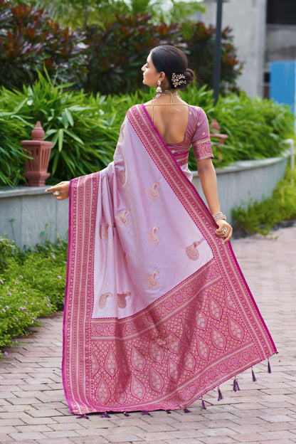 Back view of lavender Banarasi silk saree showing zari woven pallu design
