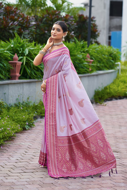 Lavender Banarasi silk saree with contrast border in flowing drape look