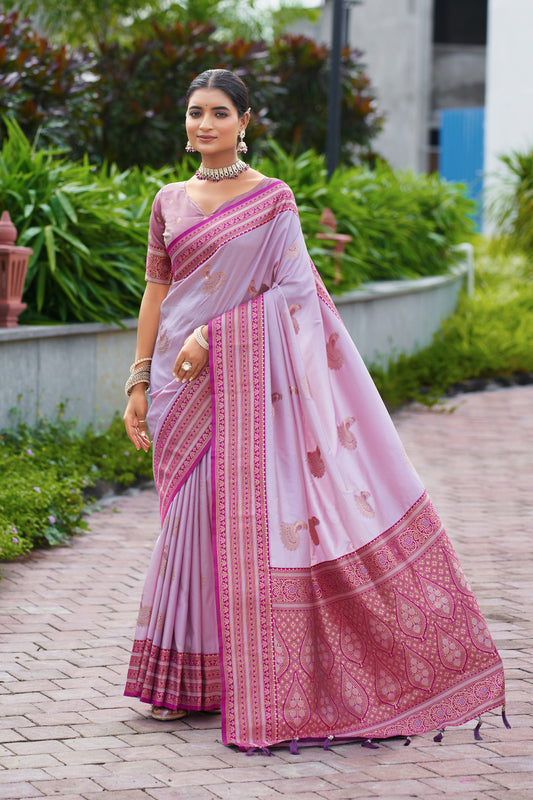 Lavender soft Banarasi silk saree with zari weaving work and contrast border by JaipurSaaj