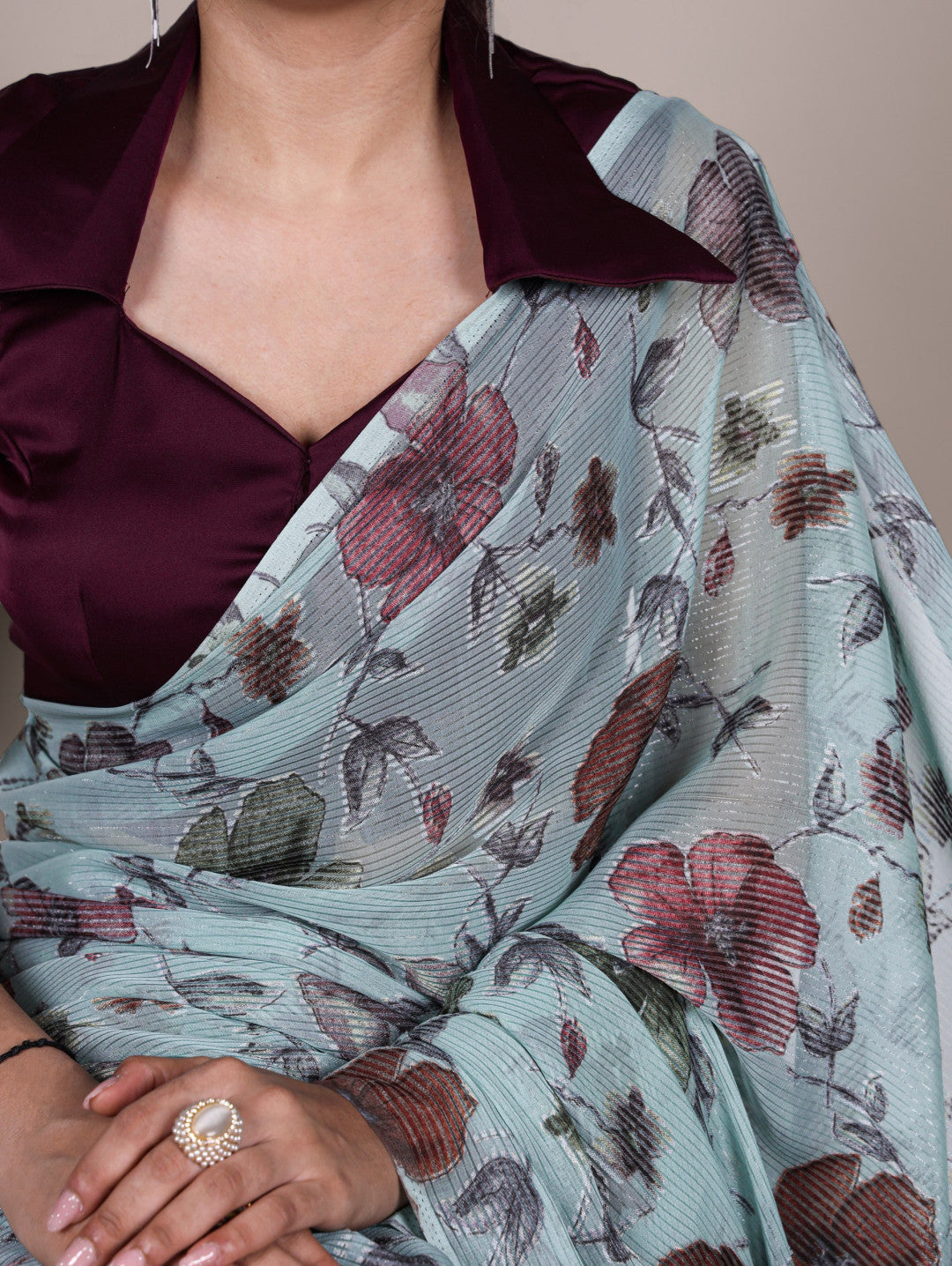 Sky Blue Brasso Silk Saree With Floral Print & Zari Weaving | Party & Casual Wear – JaipurSaaj