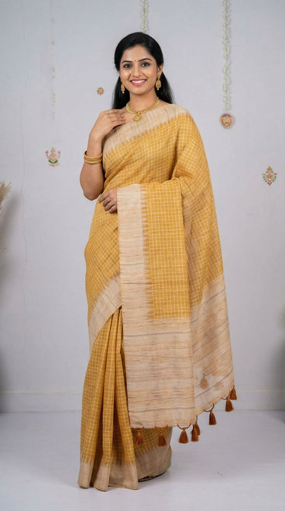 Yellow Tussar Silk Saree With Checks Weaving Work | Office & Festive Wear – JaipurSaaj