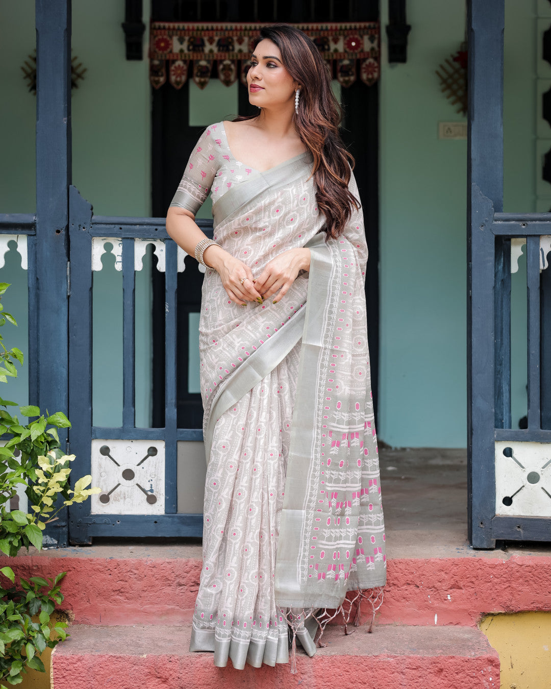 Gray Summer Special Digital Printed Linen Cotton Saree