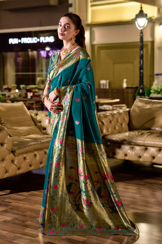 Traditional Morpich Paithani Silk Saree With Zari Weaving Work