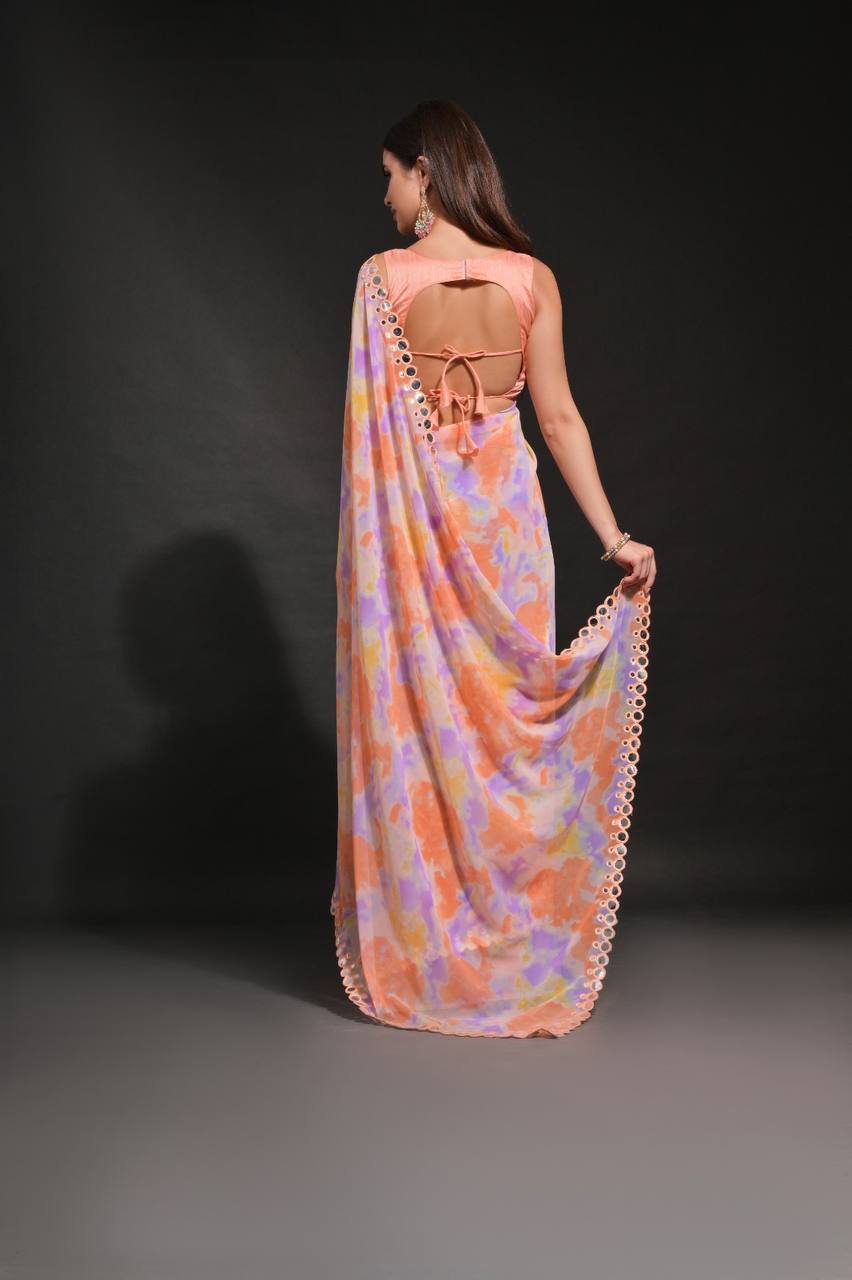 Orange Chiffon Silk Saree with Prism Print & Foil Mirror Work Border | Designer Party Wear – JaipurSaaj