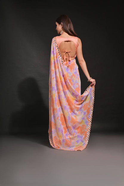 Orange Chiffon Silk Saree with Prism Print & Foil Mirror Work Border | Designer Party Wear – JaipurSaaj
