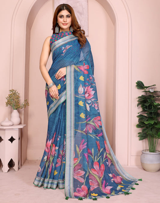 Blue Linen Cotton Saree With Digital Printed Work And Silver Zari Border