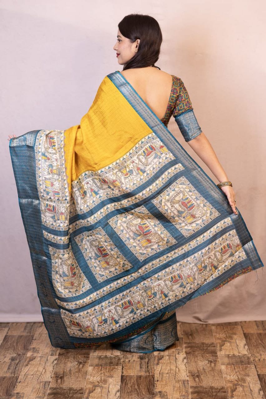 Yellow Dola Silk Saree With Beautiful Madhubani Printed Pallu Work