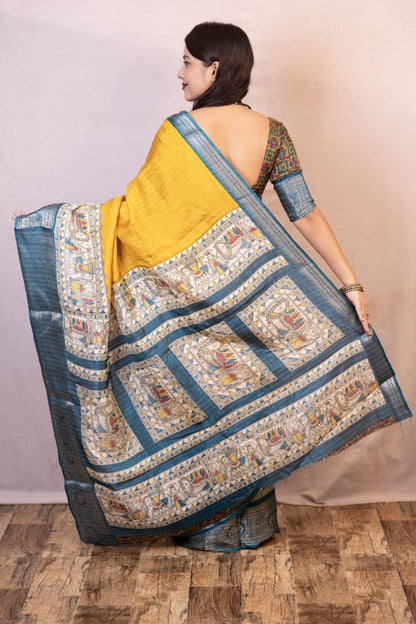 Yellow Dola Silk Saree With Beautiful Madhubani Printed Pallu Work