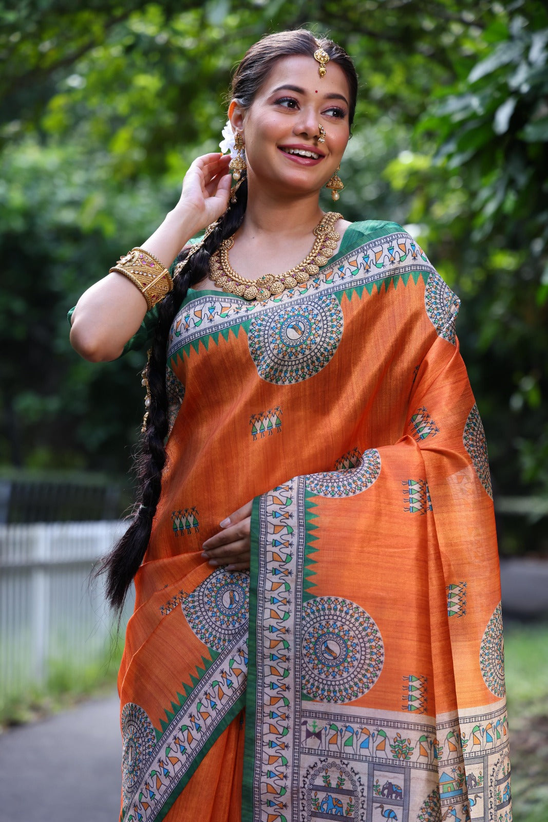 Orange Madhubani Printed Soft Tussar Silk Saree | Traditional Festive Ethnic Wear – JaipurSaaj