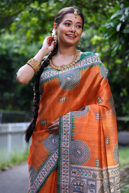 Orange Madhubani Printed Soft Tussar Silk Saree | Traditional Festive Ethnic Wear – JaipurSaaj