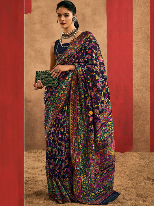 Blue Traditional Pashmina Silk Saree With Woven Design